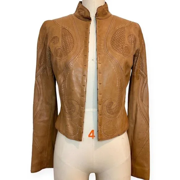 ELIE TAHARI X BERGDORF GOODMAN Cognac Ornate Leather Jacket, Size Small